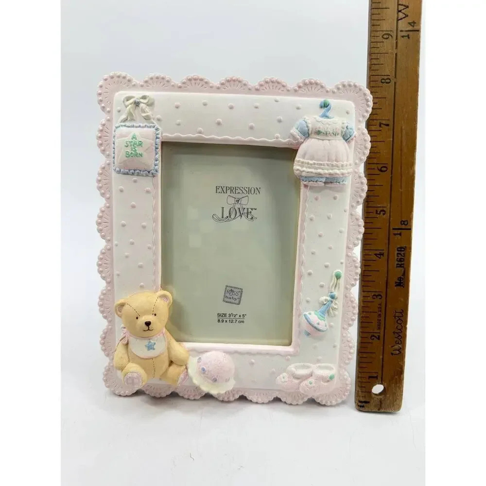 Russ Baby Expression of Love Baby Photo Frame Teddy Bear 3.5x5 Hand Painted NIB
